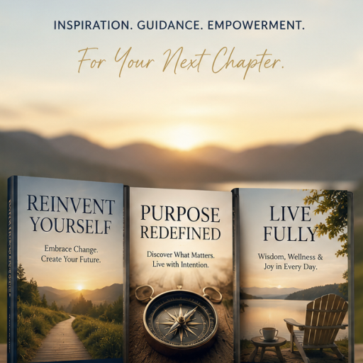 Three self-help book covers titled 'Reinvent Yourself', 'Purpose Redefined', and 'Live Fully', set against a serene sunset background with a nature path and a peaceful scene.