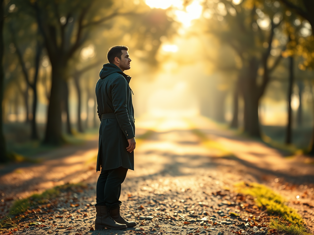 A man in a dark coat stands on a gravel path surrounded by trees, with soft sunlight filtering through the foliage, creating a warm, serene atmosphere.