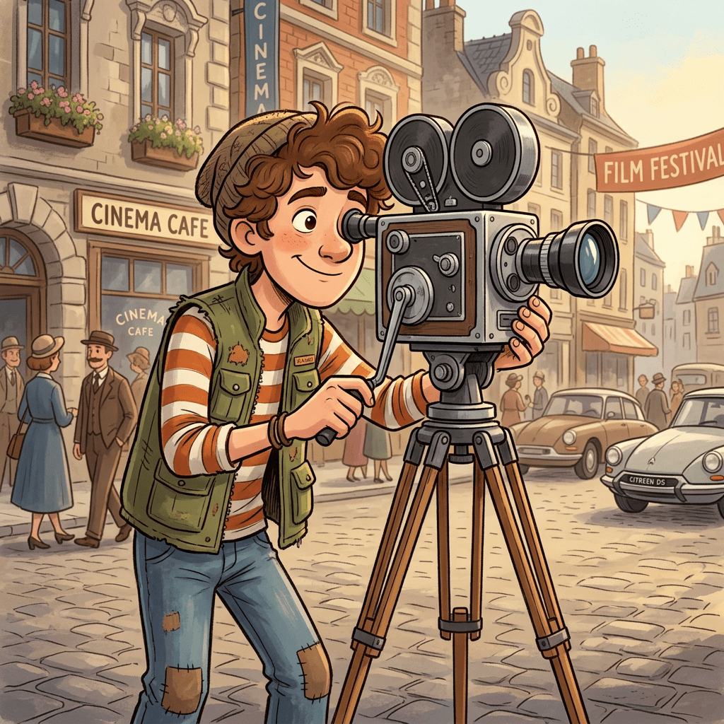 Young filmmaker operating a vintage movie camera at a film festival
