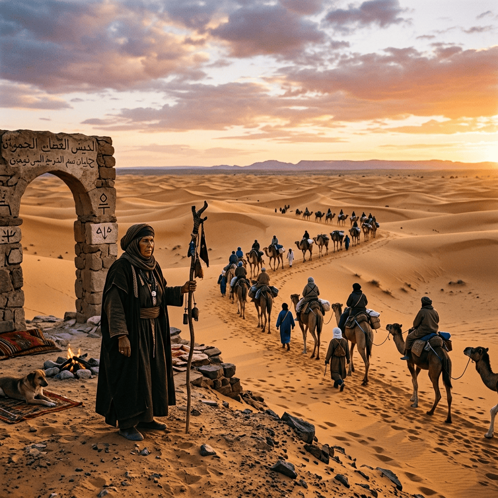 Camel caravan crossing desert dunes beside a robed guide, fire, and Arabic-inscribed stone arch