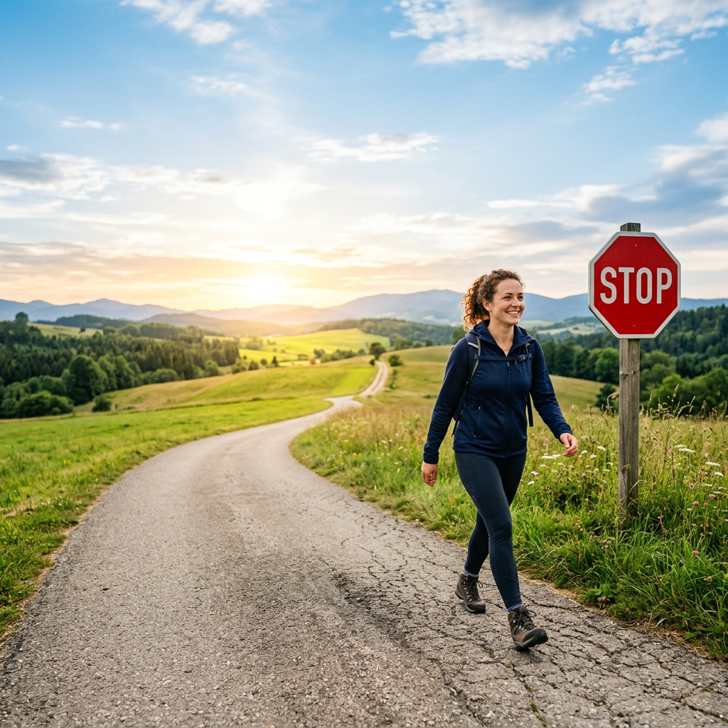 Woman walking on a country road beside a stop sign at sunset