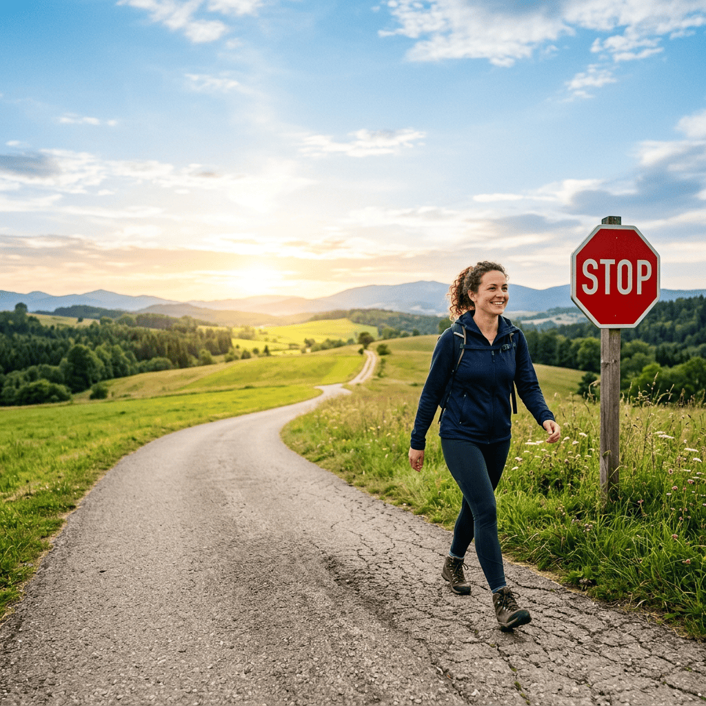 Woman walking on a country road beside a stop sign at sunset